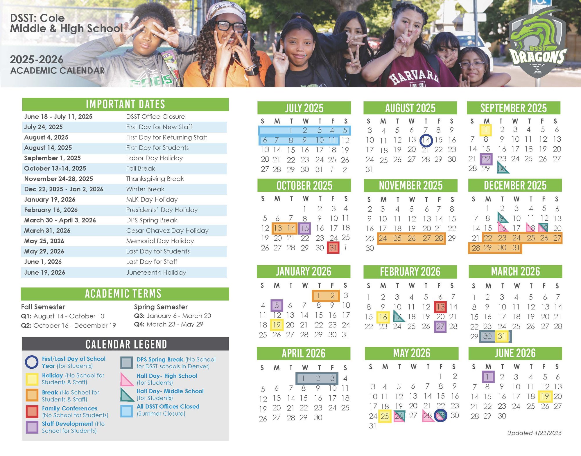 DSST Cole Academic Calendar. updated 4.25. 2025-26 for Families_Page_1
