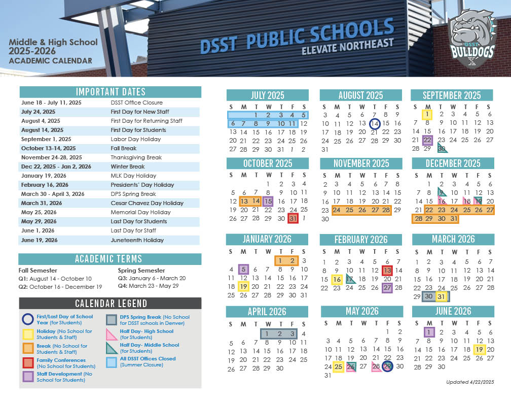DSST Elevate Academic Calendar. Updated 4.23. 2025-26 for Families